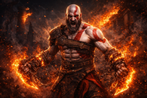 Kratos com as Lâminas do Caos em arte épica da franquia God of War